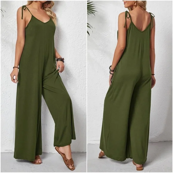 Boho Green Wide Leg Casual Jumpsuit - Picture 2 of 2